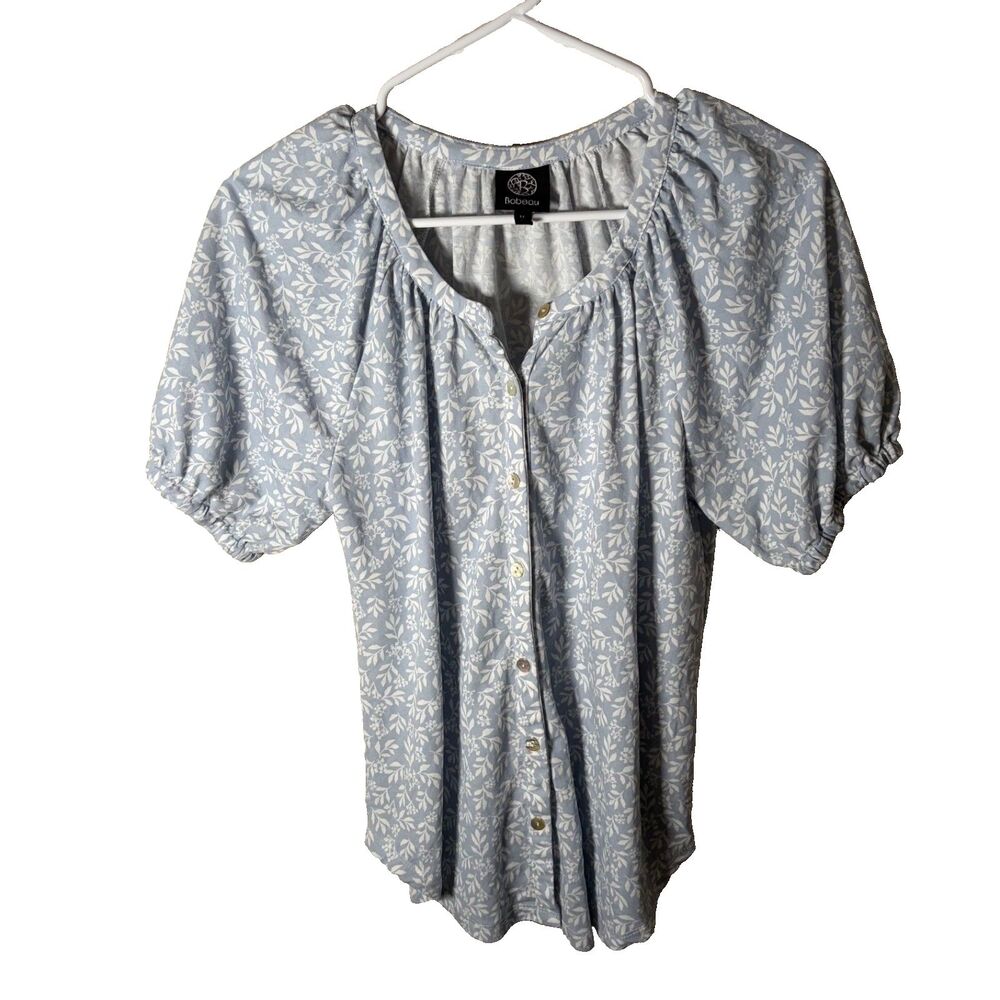 Bobeau Blouse Women's Medium Blue Button Up Puff Sleeve Floral Boho Top
